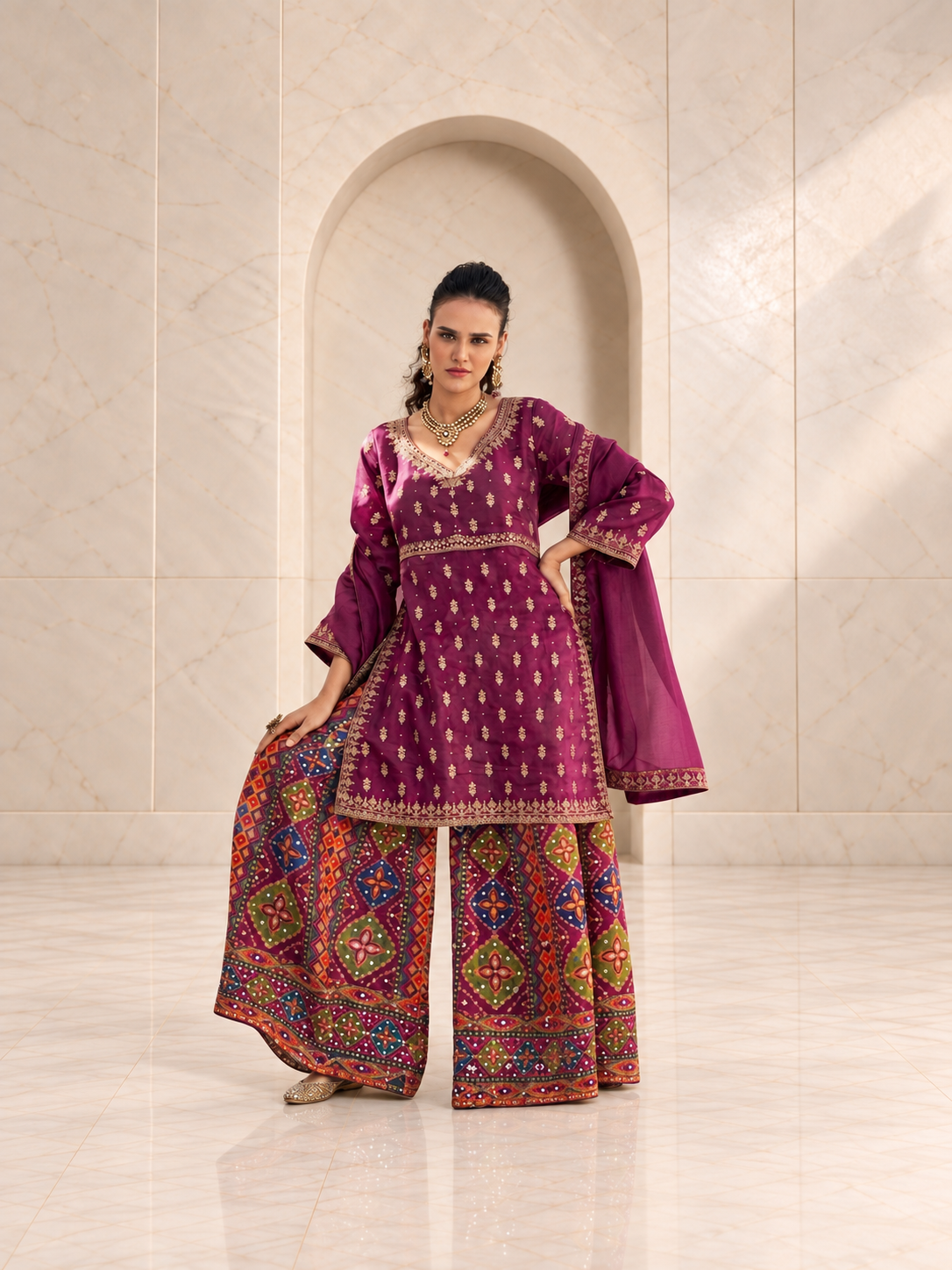 Festive Magenta Chiffon Sharara Set with Patola Print