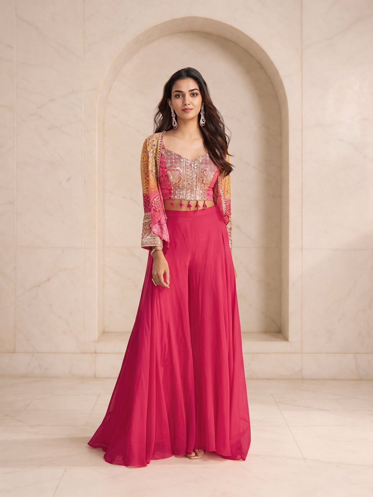 Rani pink sequin embroidered crop top with bell sleeve shrug and flared palazzo