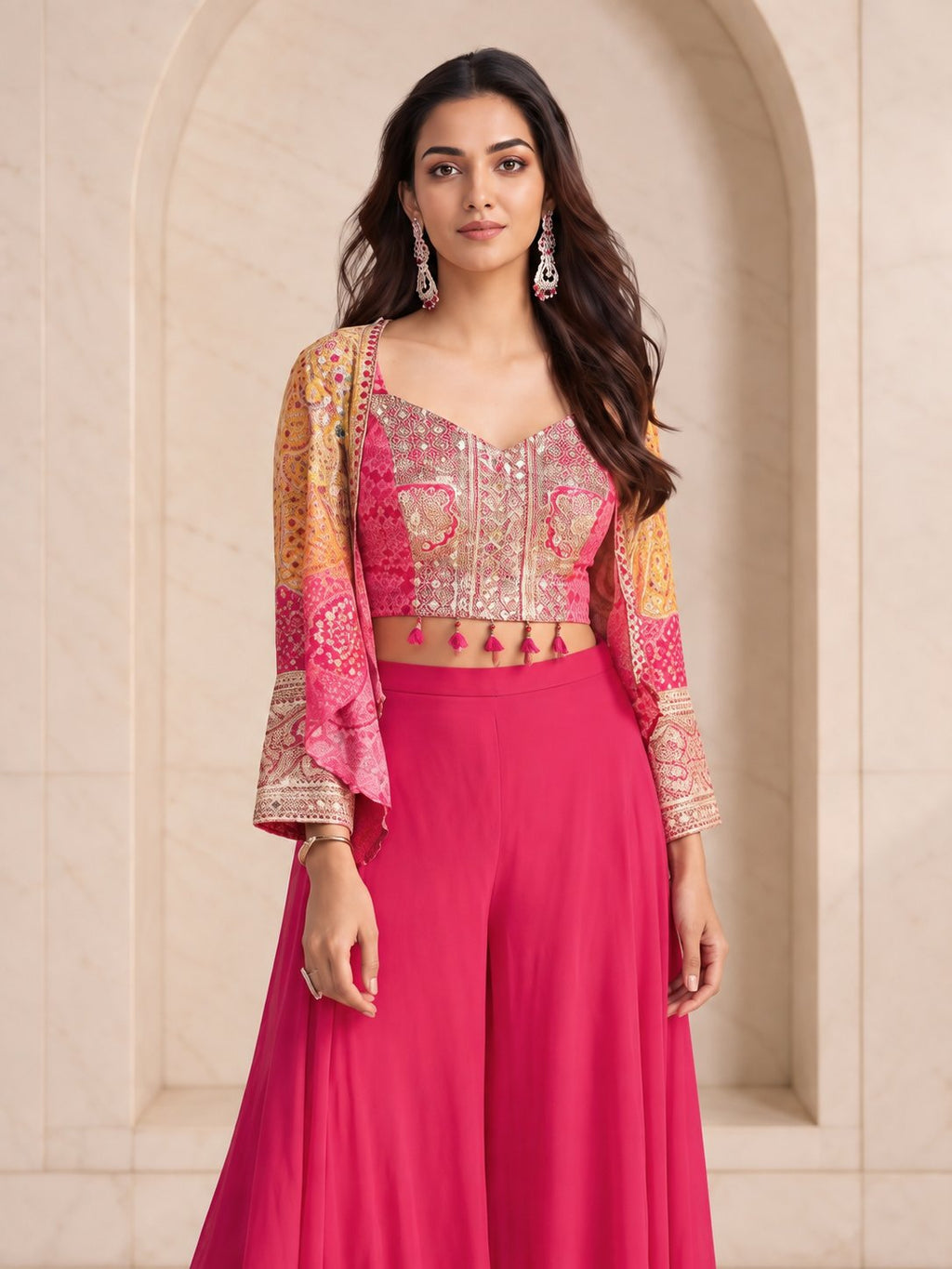 Rani pink sequin crop top and palazzo set, full length view