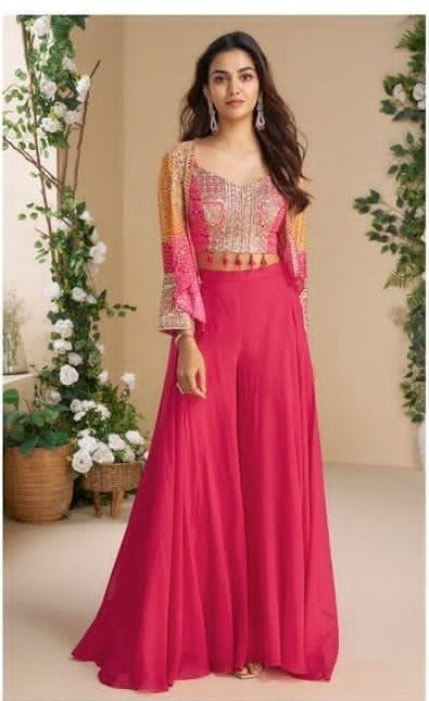 Rani Pink Embroidered Crop Top, Shrug & Palazzo Co-ord Set – Kavnika Festive Collection