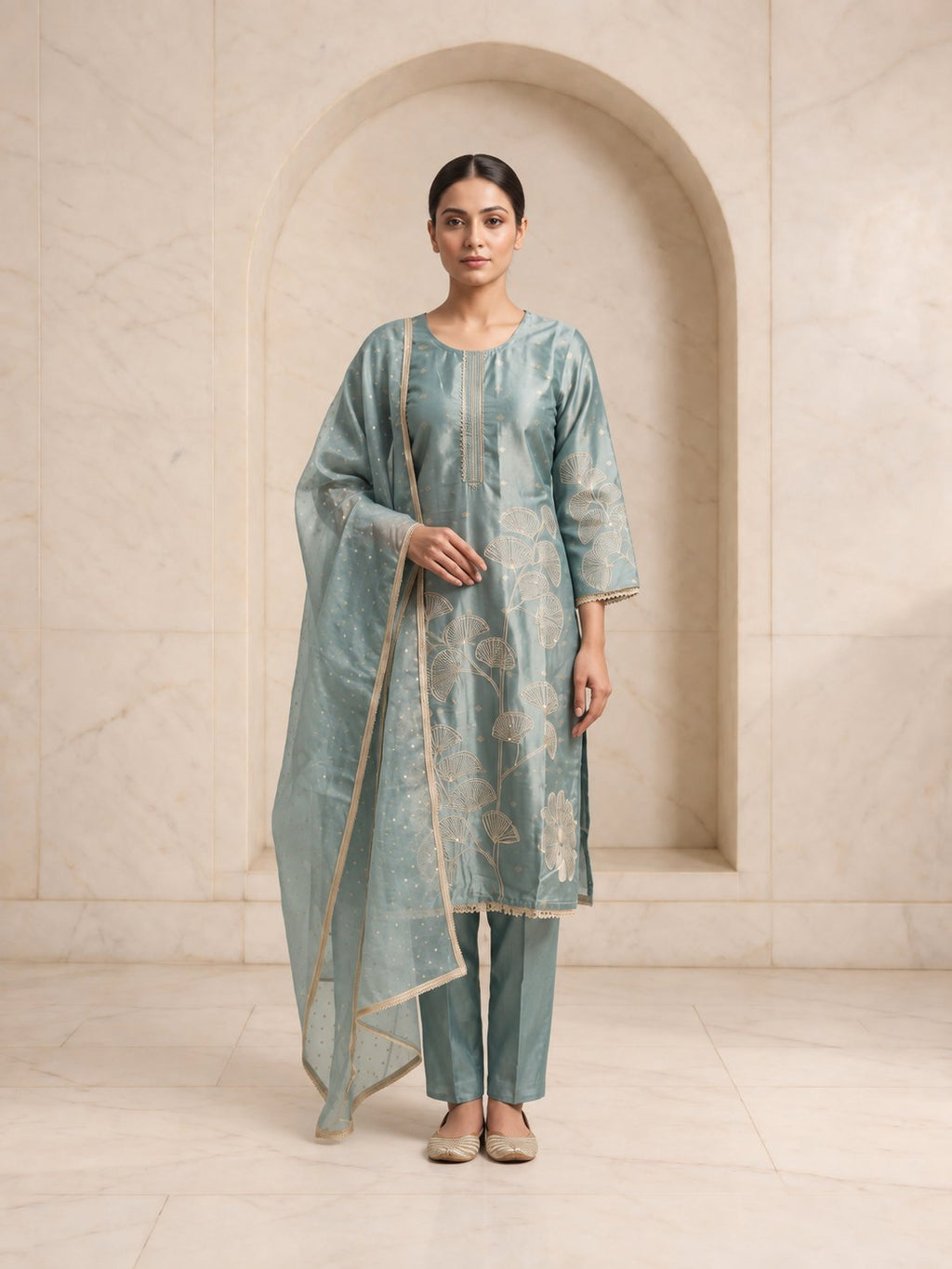 Sage blue simmar silk kurta set with gold ginkgo leaf print and Swarovski sparkle
