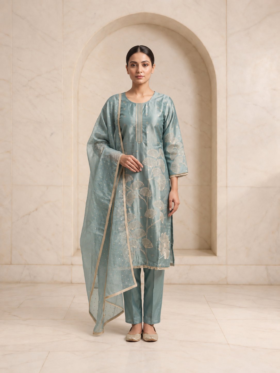 Sage blue simmar silk kurta set with gold ginkgo leaf print and Swarovski sparkle