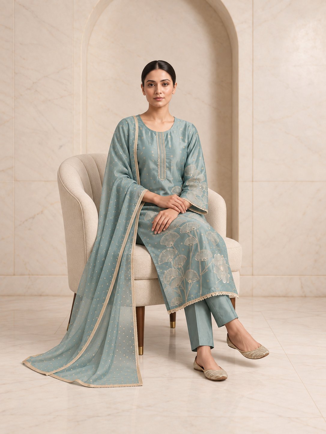 Sage blue simmar silk kurta set, alternate view