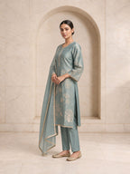 Sage blue simmar silk kurta set gold print and Swarovski detail