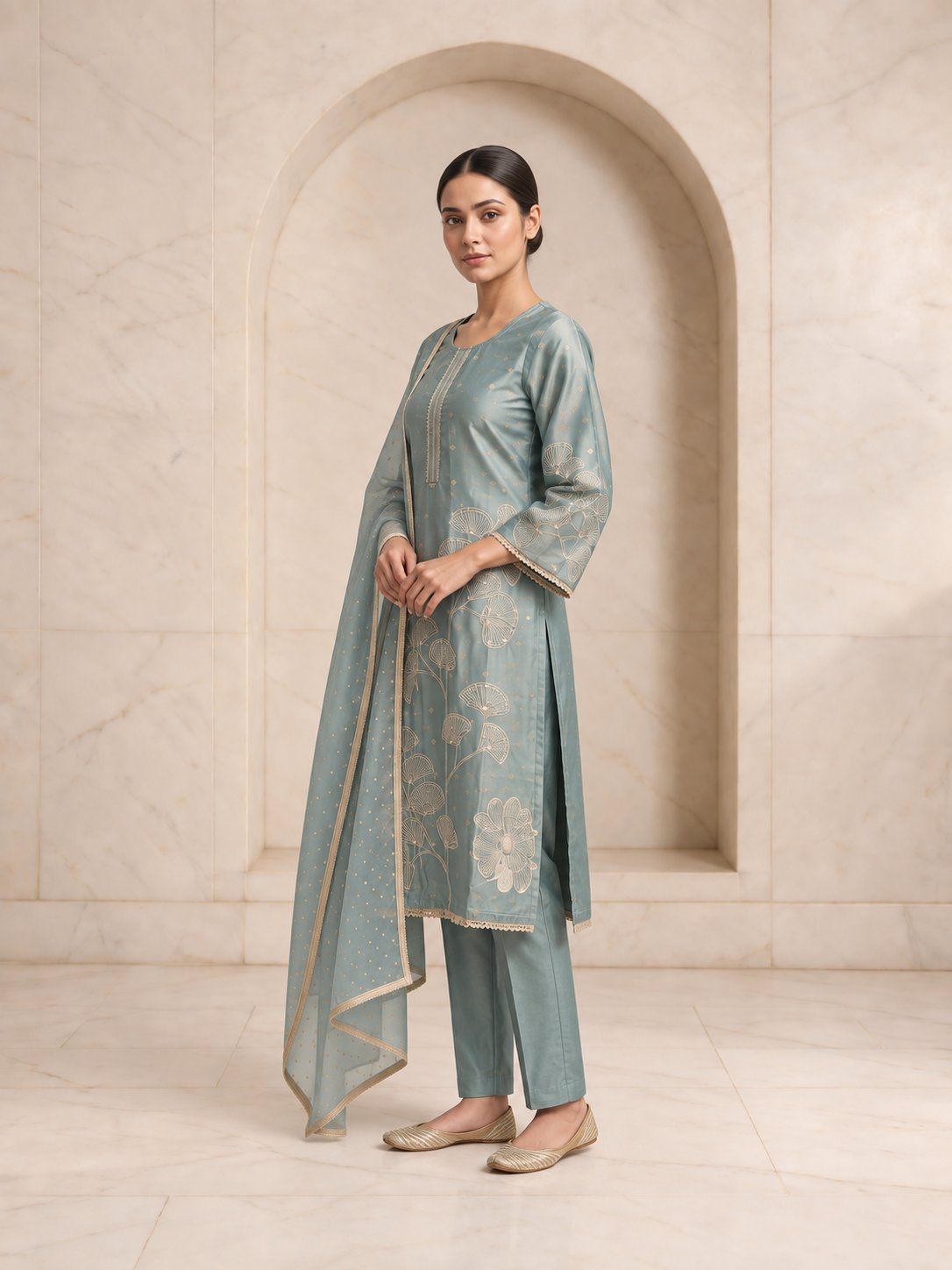 Sage blue simmar silk kurta set gold print and Swarovski detail