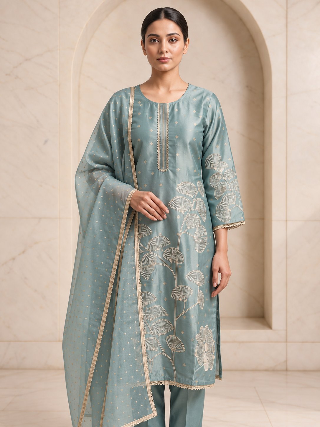 Sage blue simmar silk kurta set with dupatta, full length view