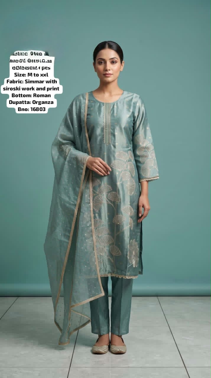 Sage Blue Simmar Silk Kurta Set with Swarovski Work & Organza Dupatta – Kavnika Festive Collection