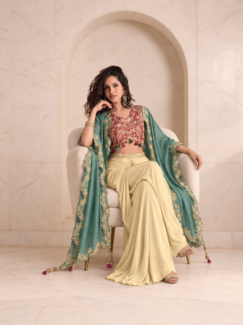 Sage green cape and draped skirt set, alternate view