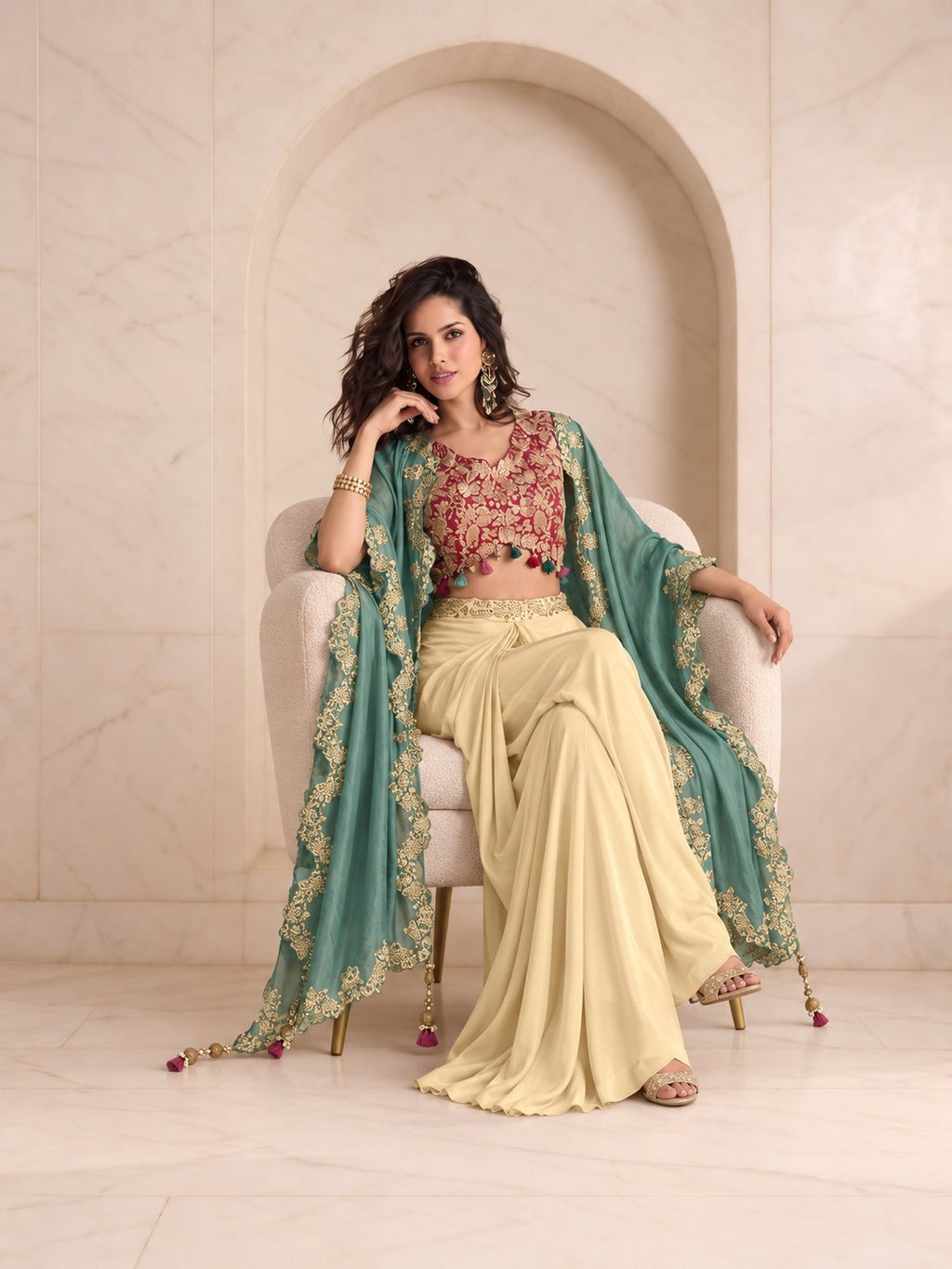 Sage green cape and draped skirt set, alternate view