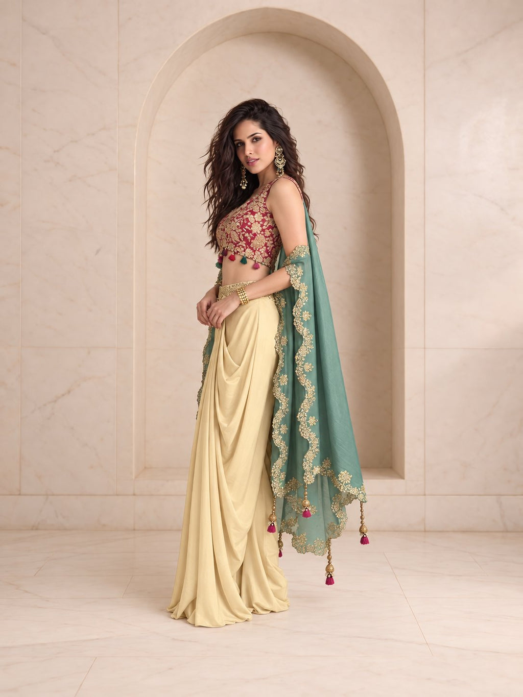 Sage green cape zari cutwork border detail