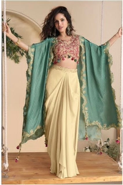 Sage Green Embroidered Cape with Maroon Blouse & Cream Draped Skirt Set – Kavnika Festive Collection