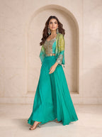 Sea green palazzo with gold embroidered crop top and lime to teal ombre shrug