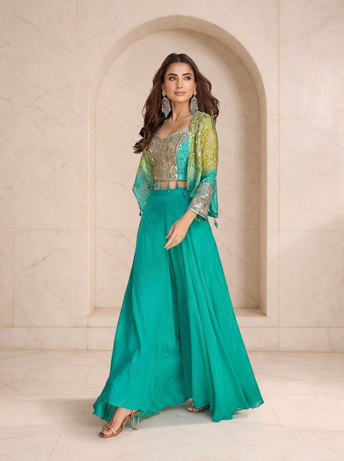 Sea green palazzo with gold embroidered crop top and lime to teal ombre shrug