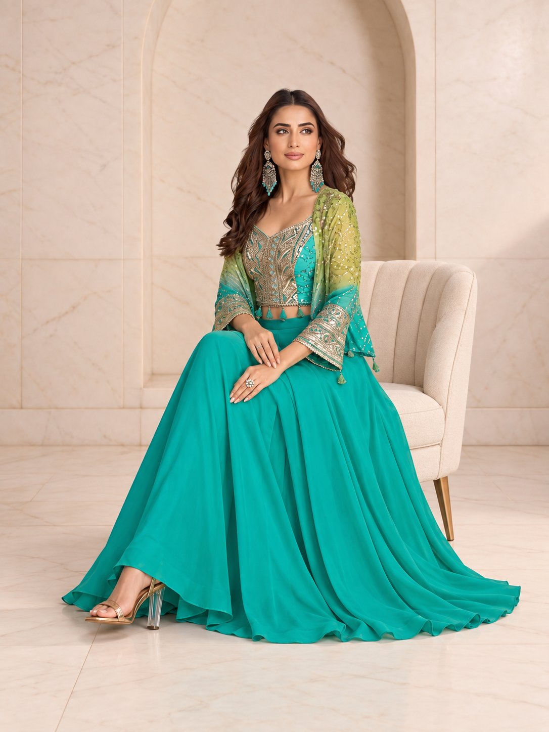 Sea green ombre crop top and palazzo set, alternate view