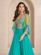 Sea green ombre crop top, shrug and palazzo set, full length view