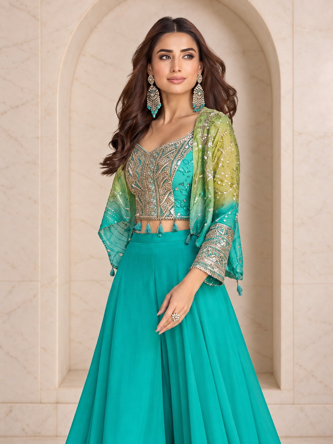 Sea green ombre crop top, shrug and palazzo set, full length view