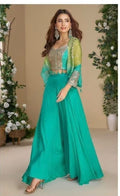 Sea Green Ombre Embroidered Crop Top, Shrug & Palazzo Co-ord Set – Kavnika Festive Collection