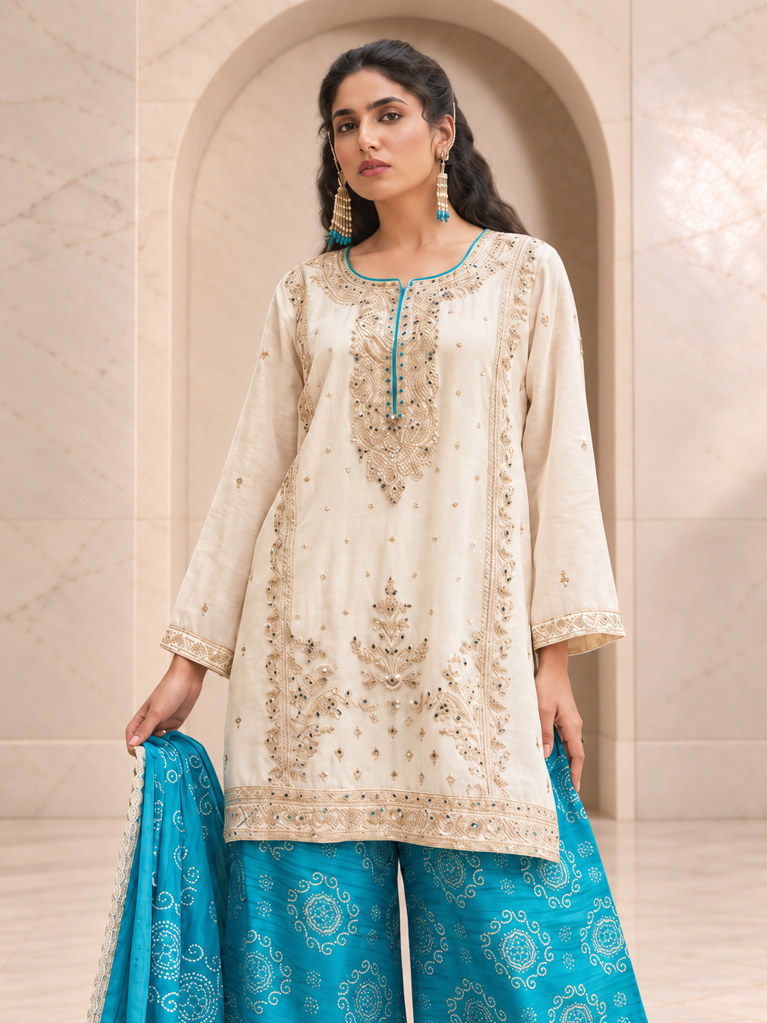 Serene Ivory and Turquoise Chiffon Sharara Set with Printed Dupatta