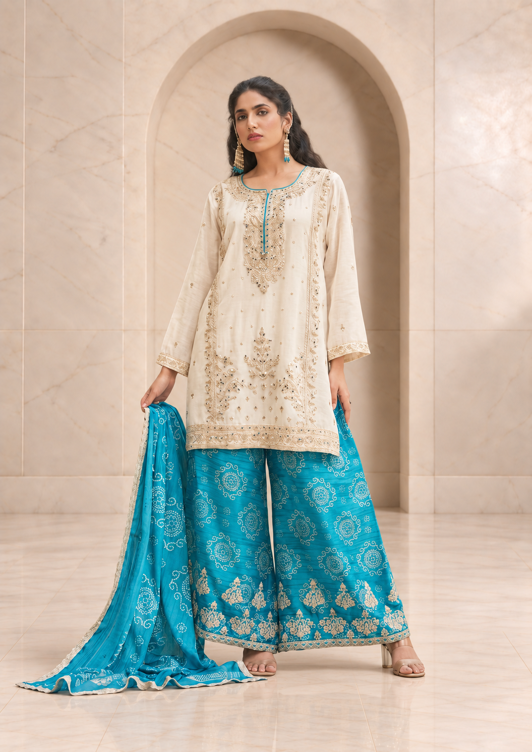 Serene Ivory and Turquoise Chiffon Sharara Set with Printed Dupatta