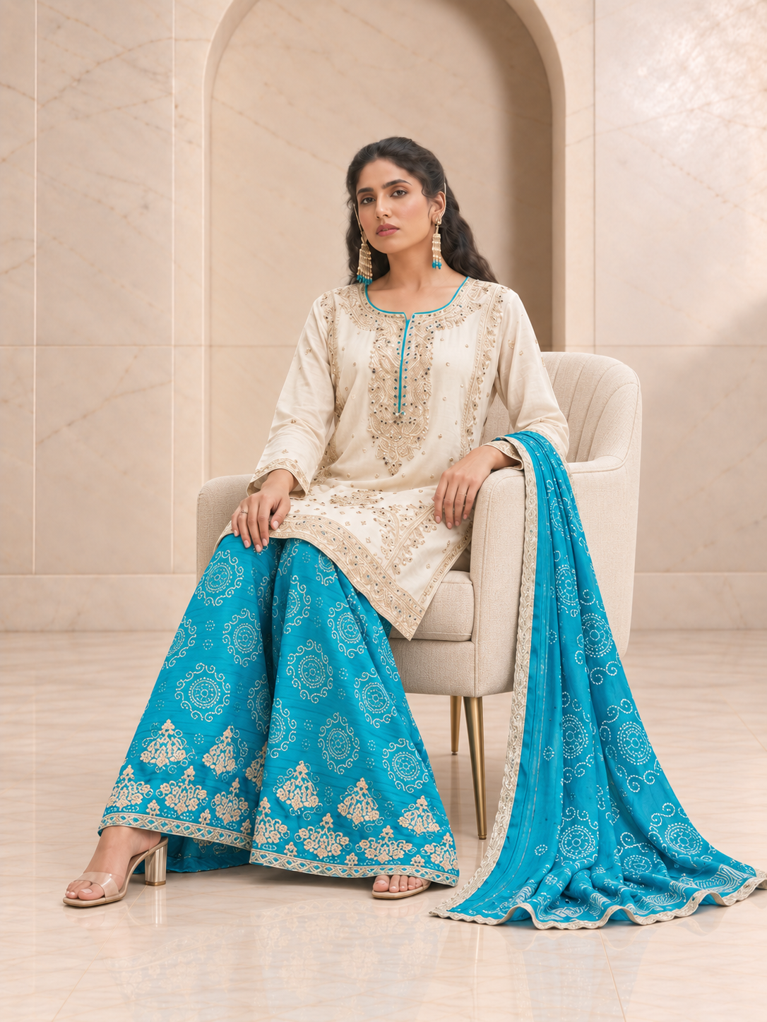 Serene Ivory and Turquoise Chiffon Sharara Set with Printed Dupatta