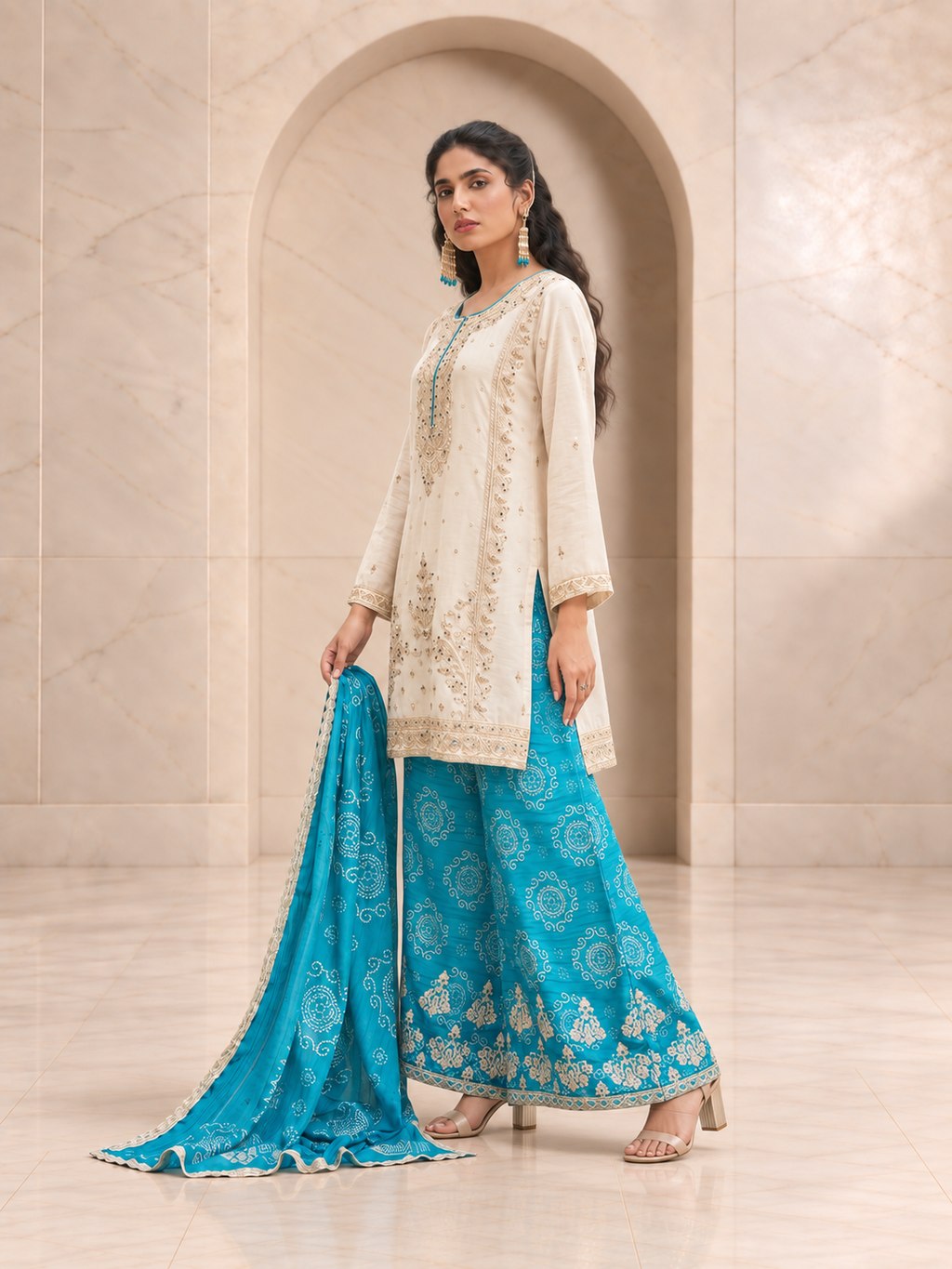 Serene Ivory and Turquoise Chiffon Sharara Set with Printed Dupatta