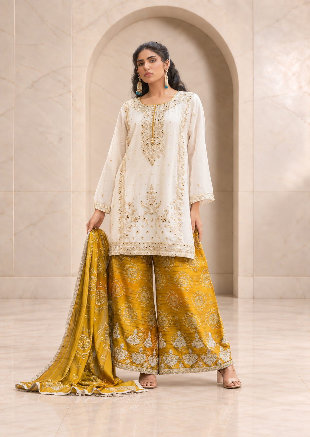 Sunny Ivory and Mustard Chiffon Sharara Set with Printed Dupatta