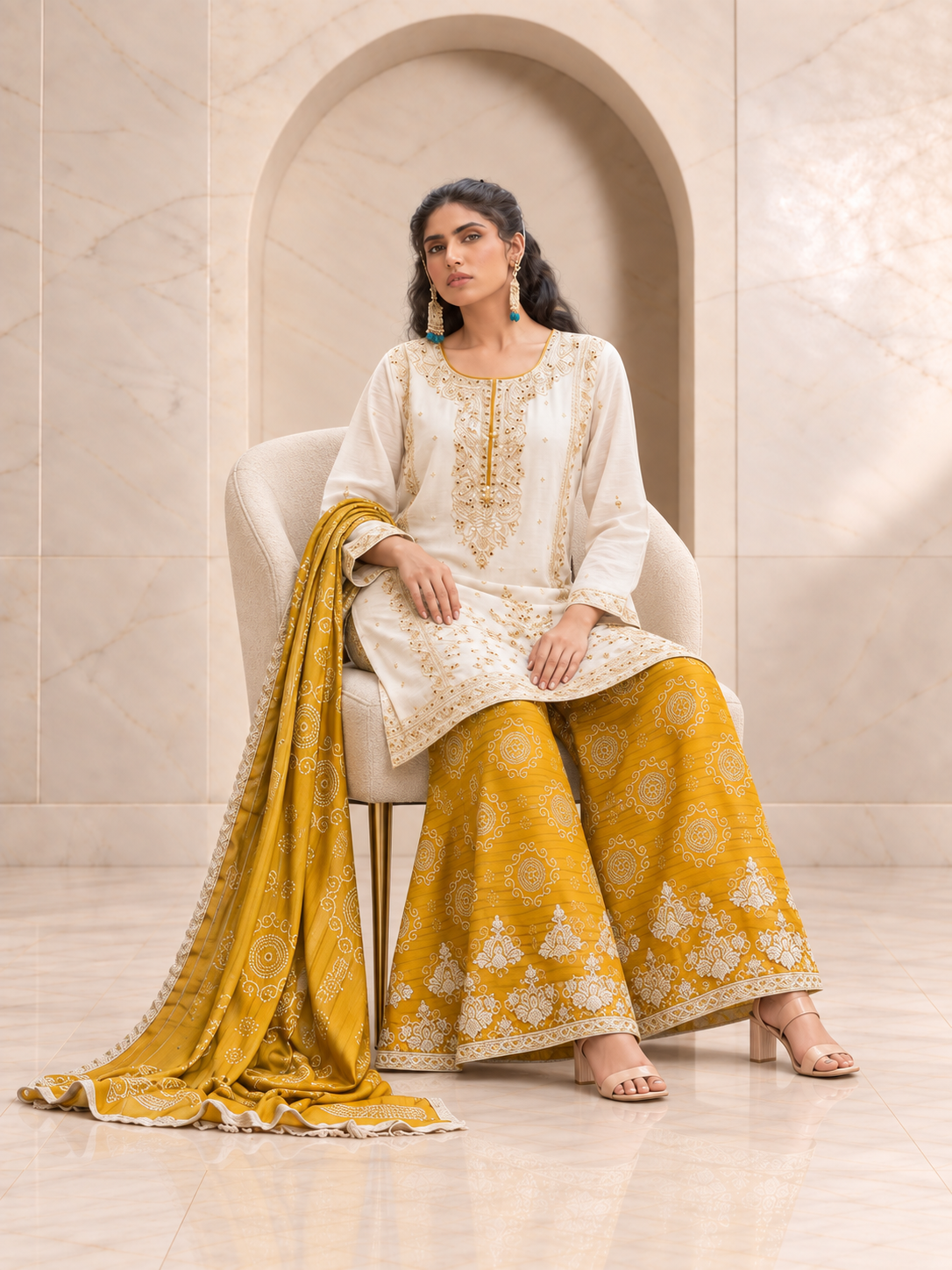 Sunny Ivory and Mustard Chiffon Sharara Set with Printed Dupatta