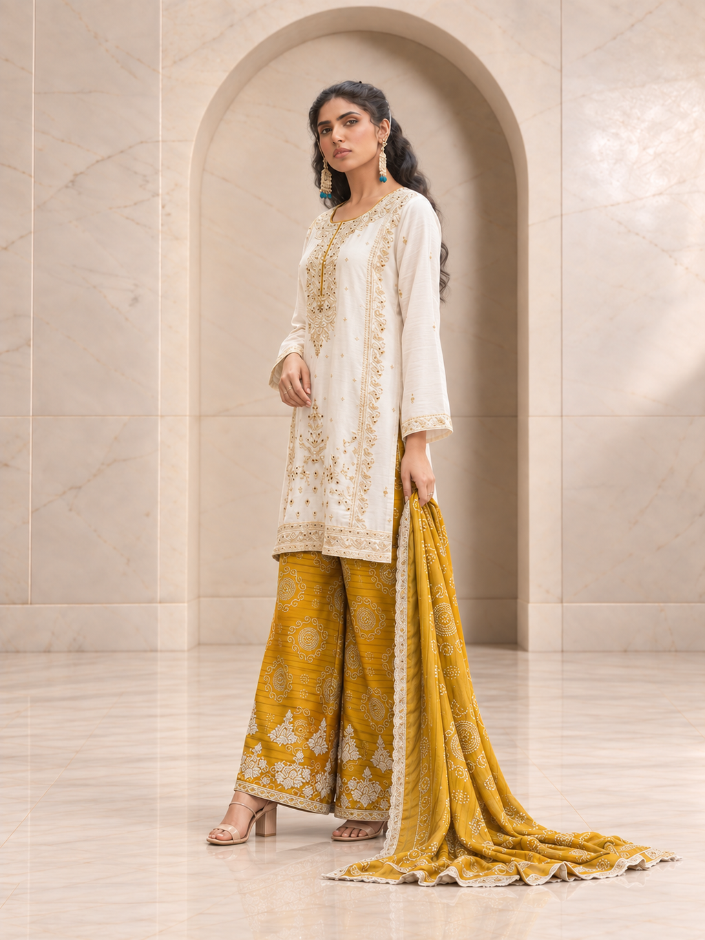 Sunny Ivory and Mustard Chiffon Sharara Set with Printed Dupatta