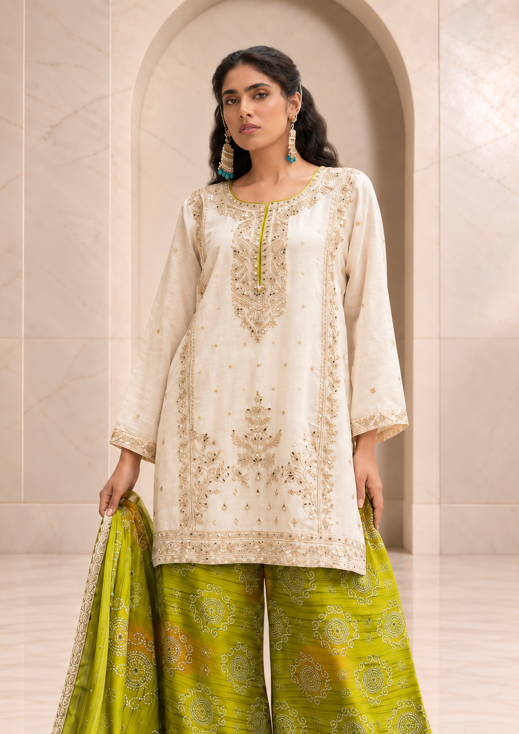 Fresh Ivory and Lime Green Chiffon Sharara Set with Printed Dupatta