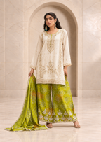 Fresh Ivory and Lime Green Chiffon Sharara Set with Printed Dupatta