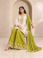 Fresh Ivory and Lime Green Chiffon Sharara Set with Printed Dupatta