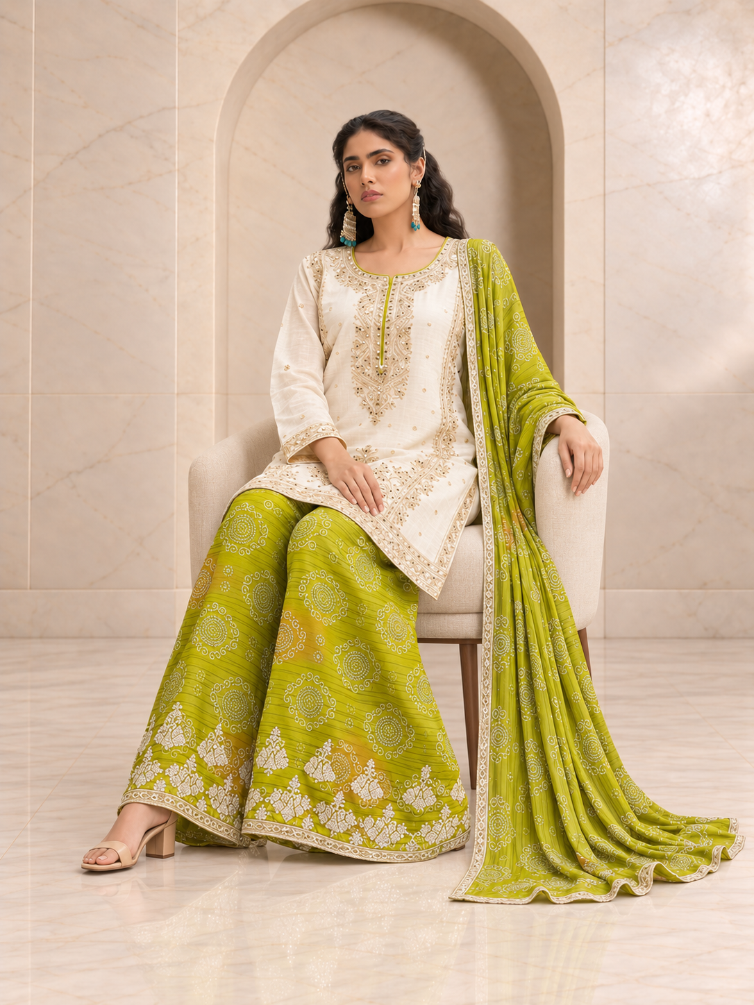 Fresh Ivory and Lime Green Chiffon Sharara Set with Printed Dupatta
