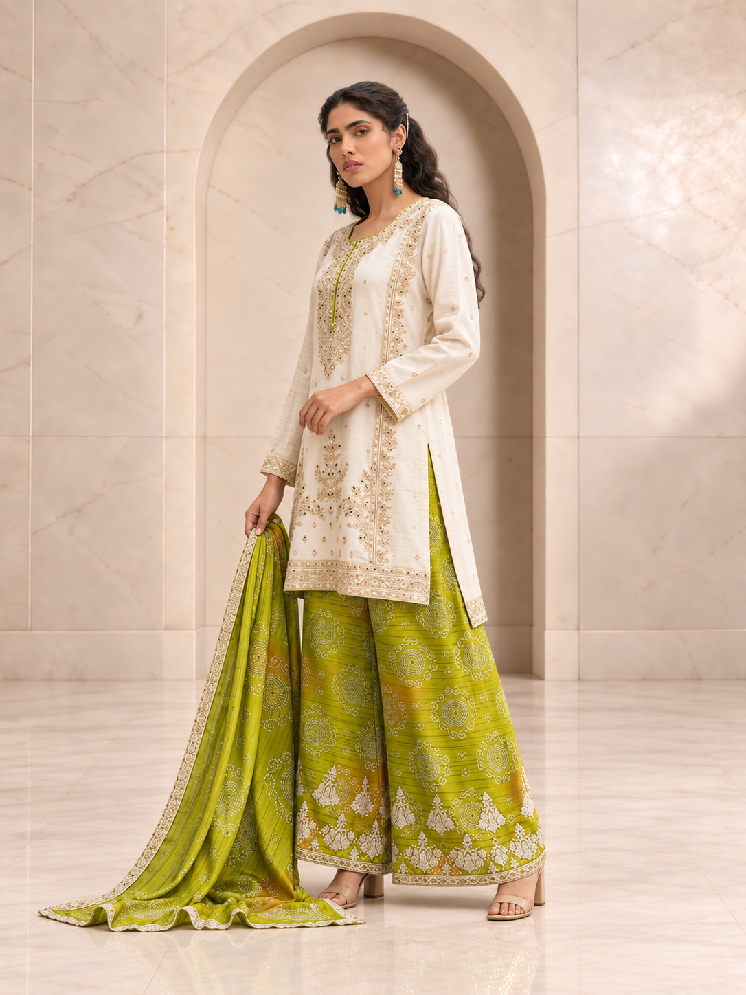 Fresh Ivory and Lime Green Chiffon Sharara Set with Printed Dupatta