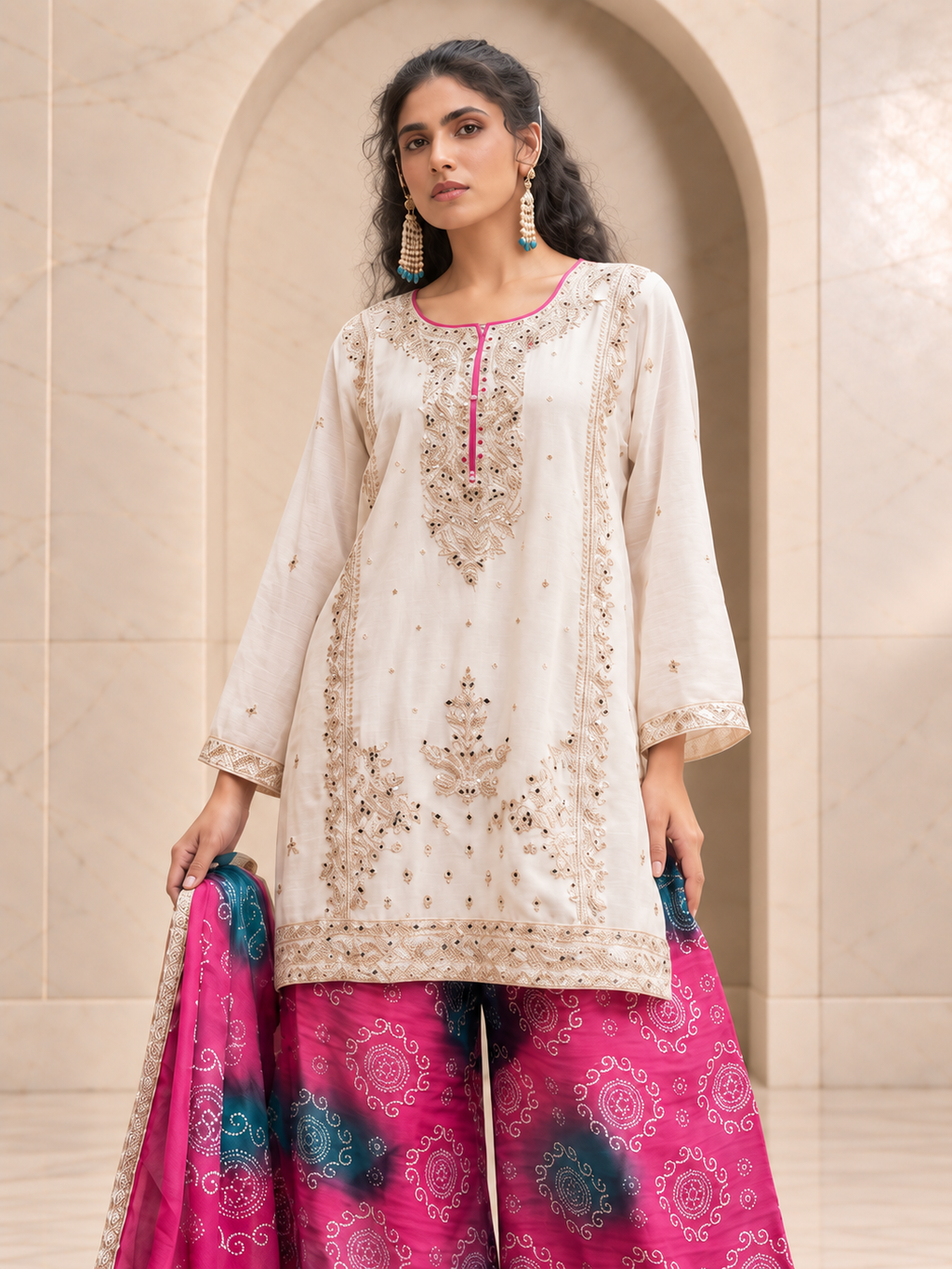 Vibrant Ivory and Rani Pink Chiffon Sharara Set with Printed Dupatta