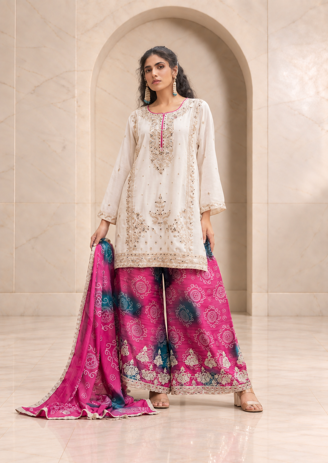 Vibrant Ivory and Rani Pink Chiffon Sharara Set with Printed Dupatta