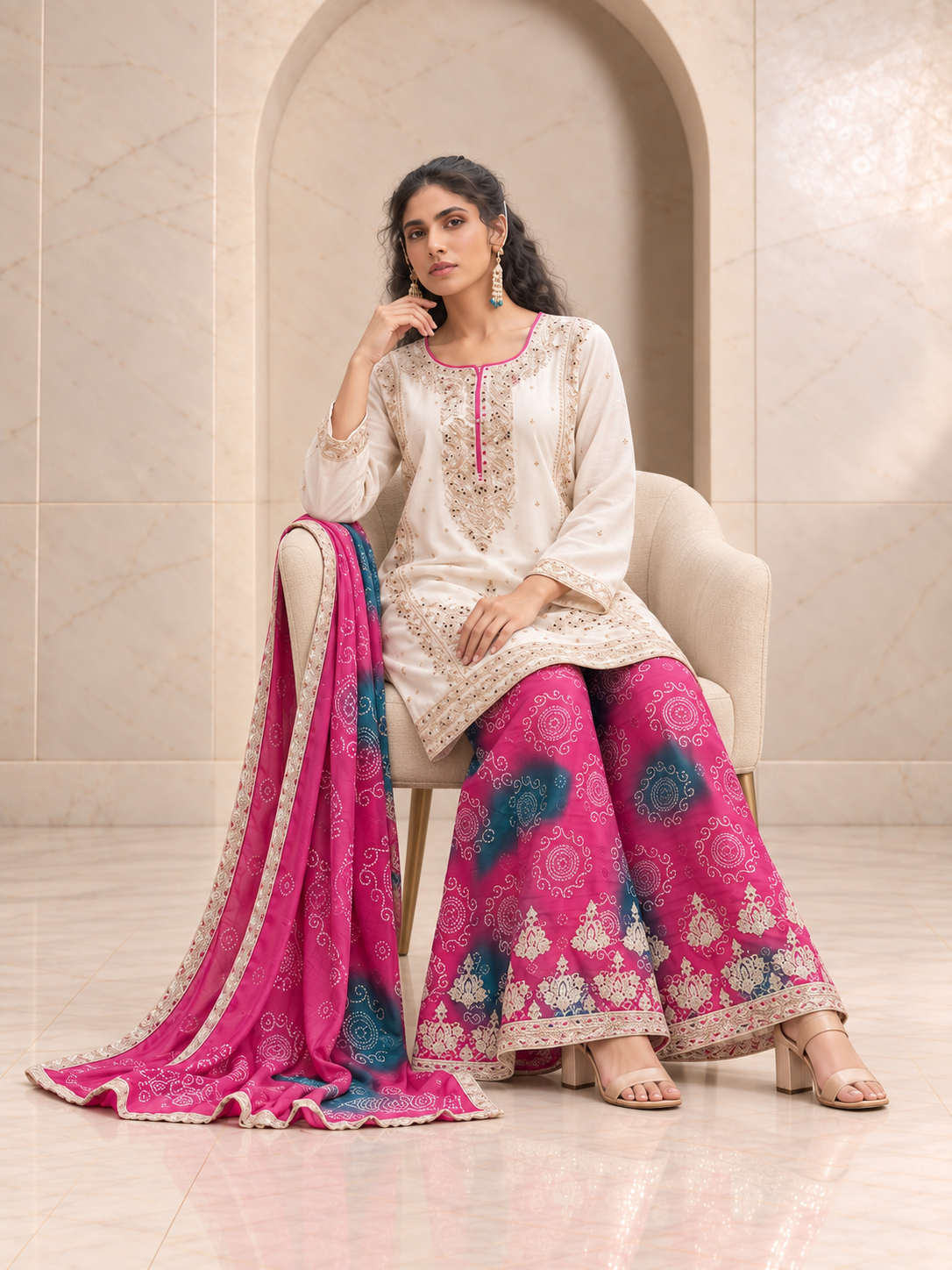 Vibrant Ivory and Rani Pink Chiffon Sharara Set with Printed Dupatta
