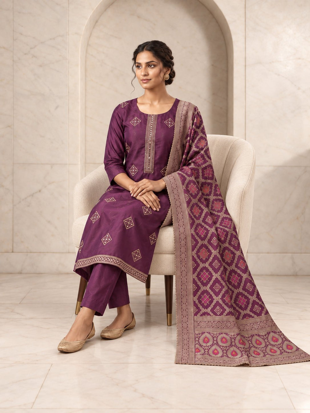 Wine dola silk kurta set with Banarasi dupatta, alternate view