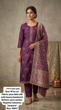Regal Wine Pure Dola Silk Kurta Set with Banarasi Dupatta