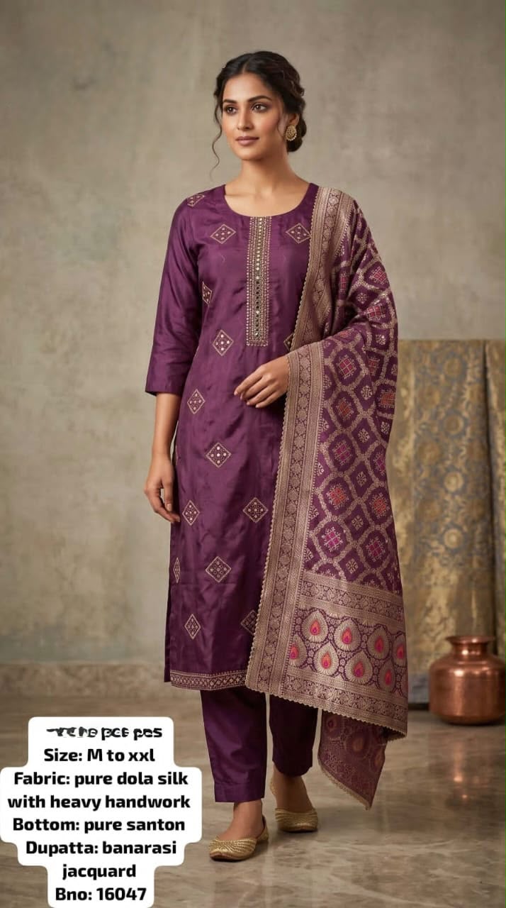 Wine Purple Dola Silk Kurta Set with Handwork & Banarasi Jacquard Dupatta – Kavnika Festive Collection