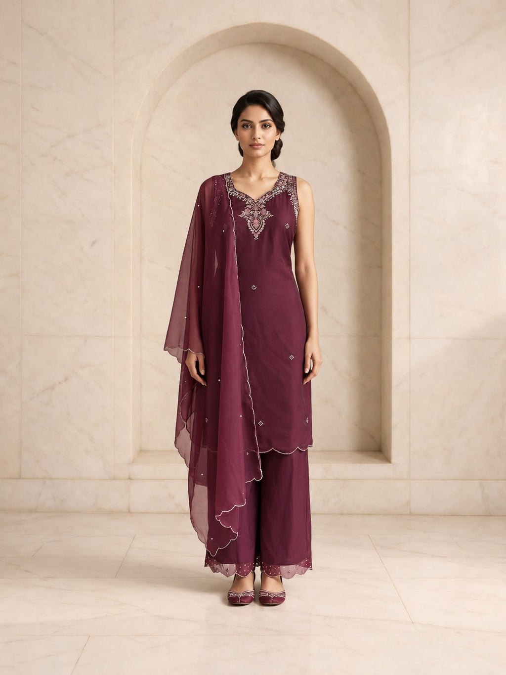 Wine rangoli silk sleeveless kurta set with handwork V neckline and palazzo