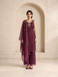 Wine rangoli silk sleeveless kurta set with handwork V neckline and palazzo