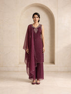 Wine rangoli silk sleeveless kurta set with handwork V neckline and palazzo