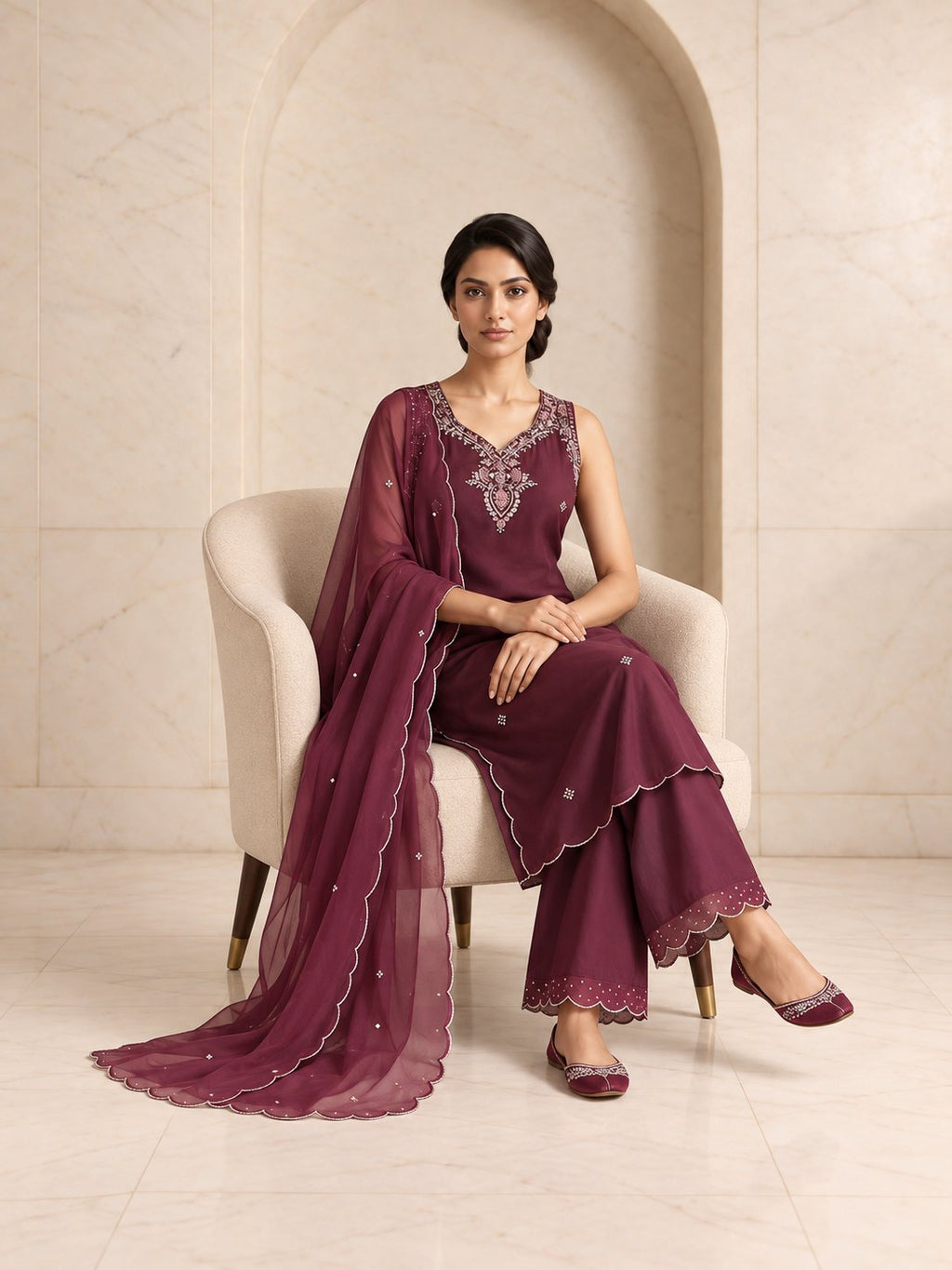 Wine rangoli silk sleeveless kurta set, alternate view