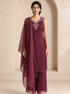 Wine rangoli silk sleeveless kurta set with dupatta, full length view