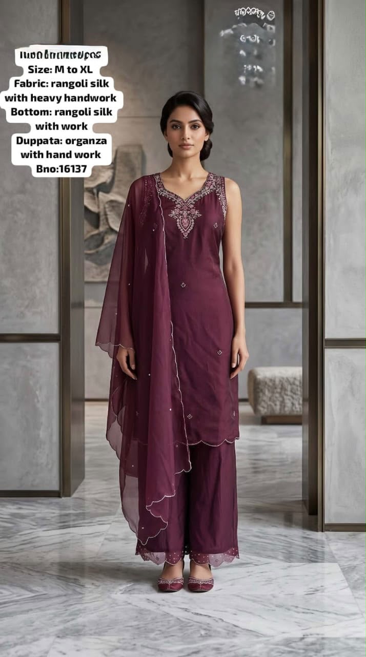 Wine Rangoli Silk Sleeveless Kurta Set with Handwork & Organza Dupatta – Kavnika Festive Collection