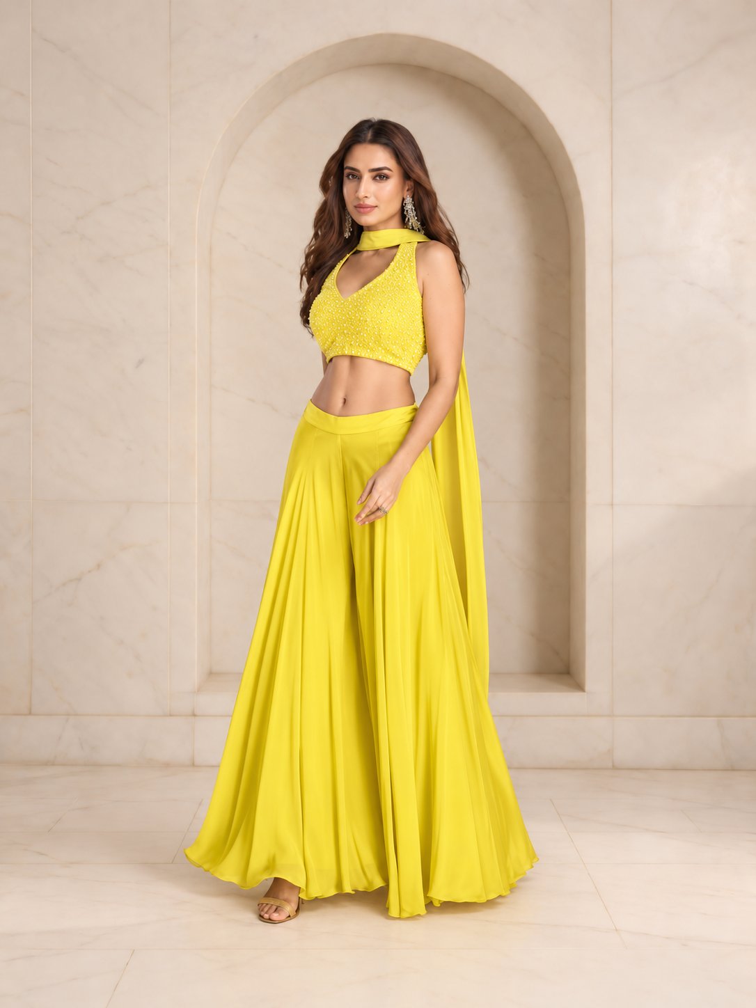 Sunny yellow halter crop top with choker neckline, attached drape and palazzo