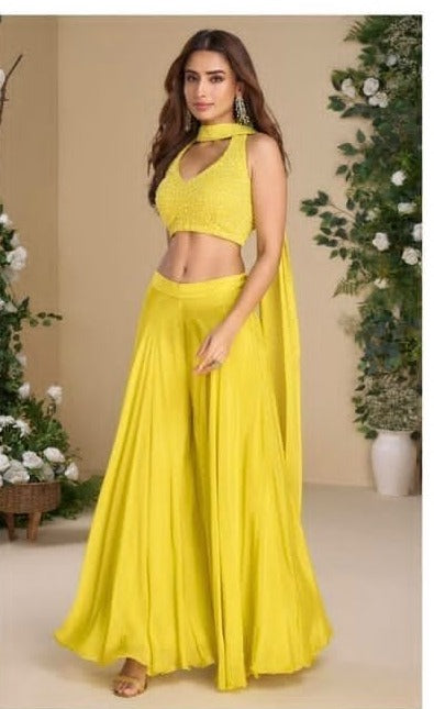 Yellow Embroidered Halter Crop Top & Palazzo Set with Attached Drape – Kavnika Festive Collection