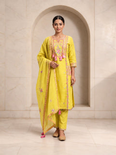 Radiant Yellow Roman Silk Kurta Set with Mirror Work Embroidery
