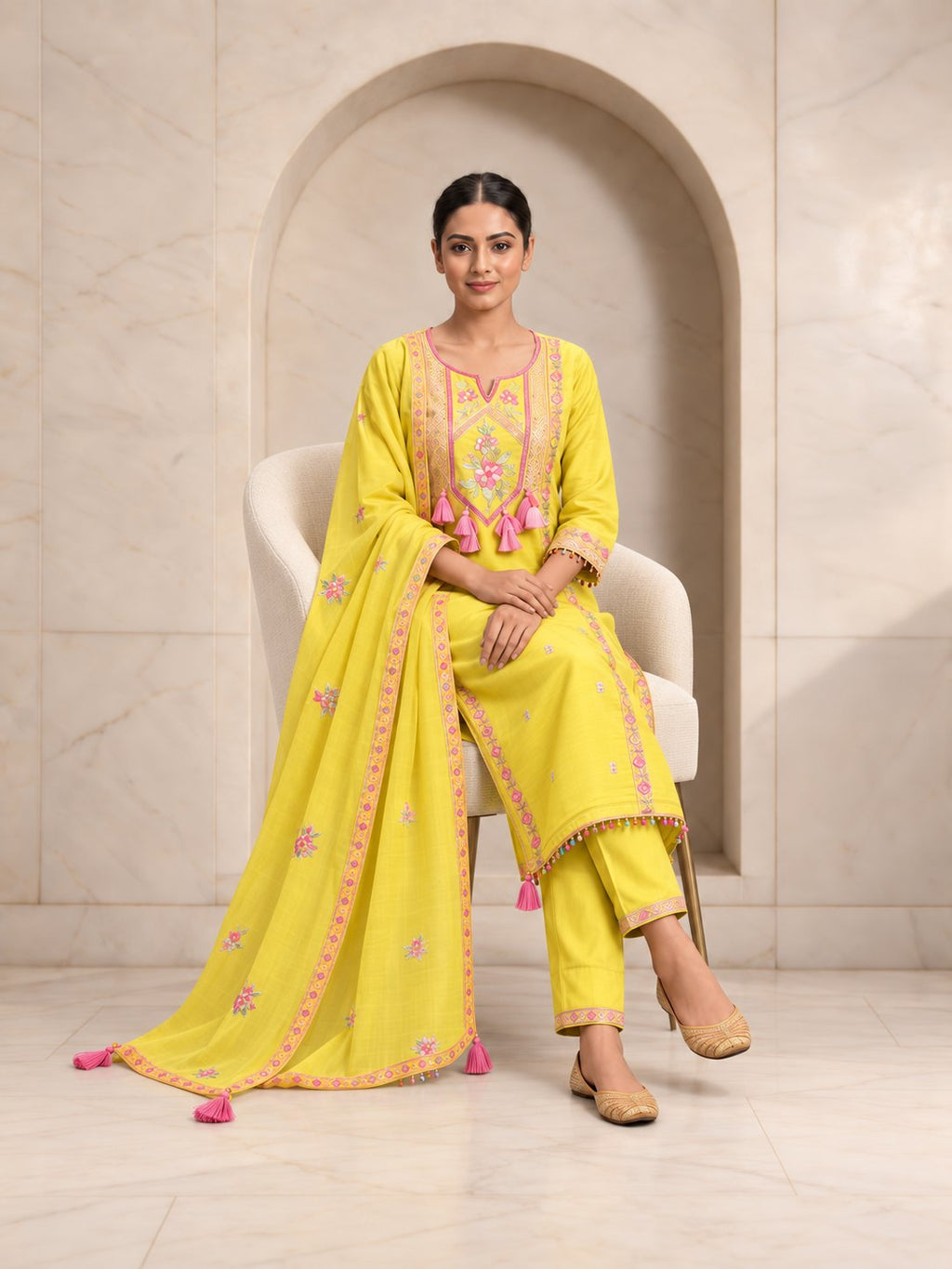 Yellow Roman silk kurta set with mirror work embroidery, alternate view