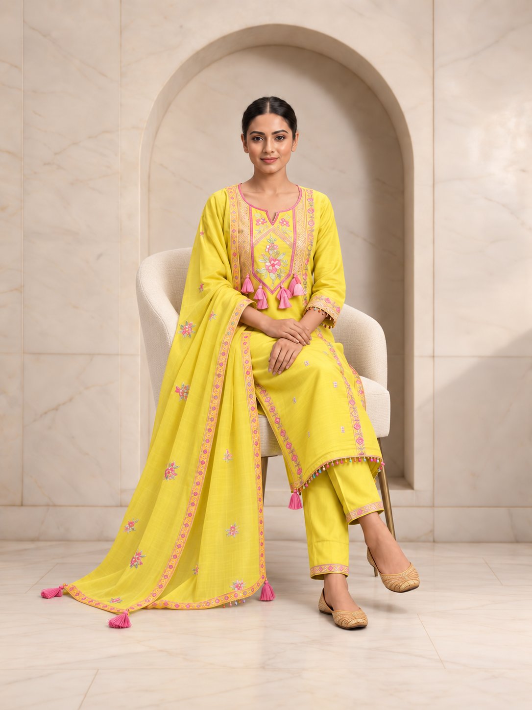 Yellow Roman silk kurta set with mirror work embroidery, alternate view
